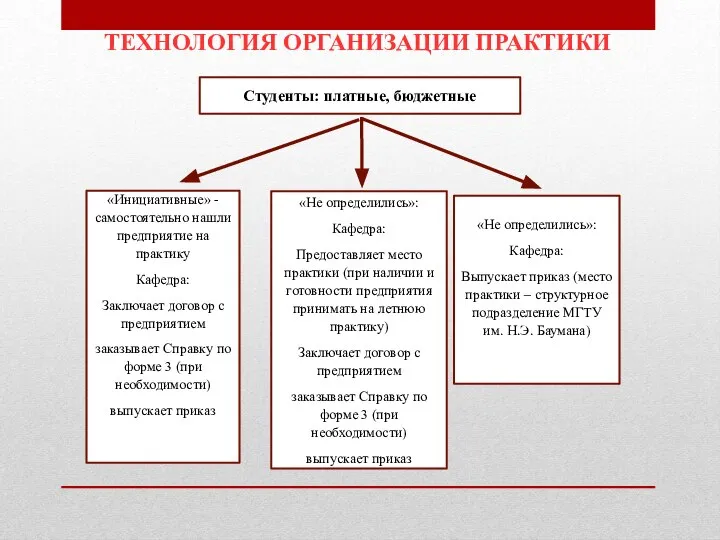 ТЕХНОЛОГИЯ ОРГАНИЗАЦИИ ПРАКТИКИ Студенты: платные, бюджетные «Инициативные» - самостоятельно нашли предприятие на