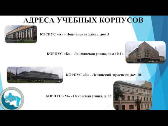 АДРЕСА УЧЕБНЫХ КОРПУСОВ КОРПУС «Б» - Лоцманская улица, дом 10-14 КОРПУС «А»