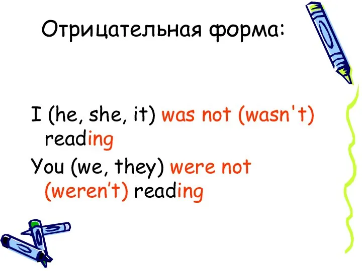 Отрицательная форма: I (he, she, it) was not (wasn't) reading You (we,
