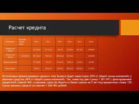 Расчет кредита Источниками финансирования данного типа бизнеса будет инвестиции (55% от общей