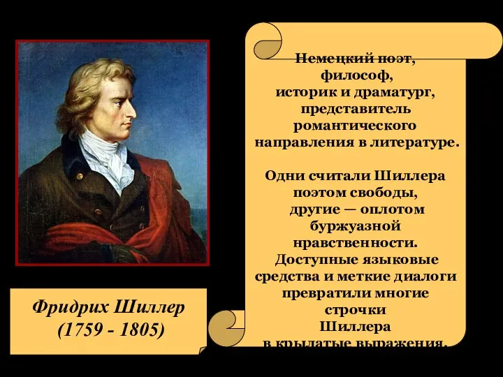 Фридрих Шиллер (1759 - 1805) Немецкий поэт, философ, историк и драматург, представитель