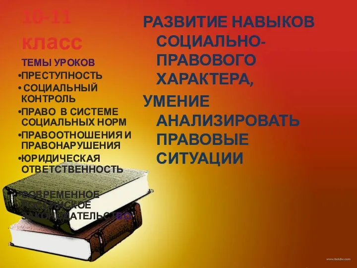 10-11 класс РАЗВИТИЕ НАВЫКОВ СОЦИАЛЬНО-ПРАВОВОГО ХАРАКТЕРА, УМЕНИЕ АНАЛИЗИРОВАТЬ ПРАВОВЫЕ СИТУАЦИИ ТЕМЫ УРОКОВ