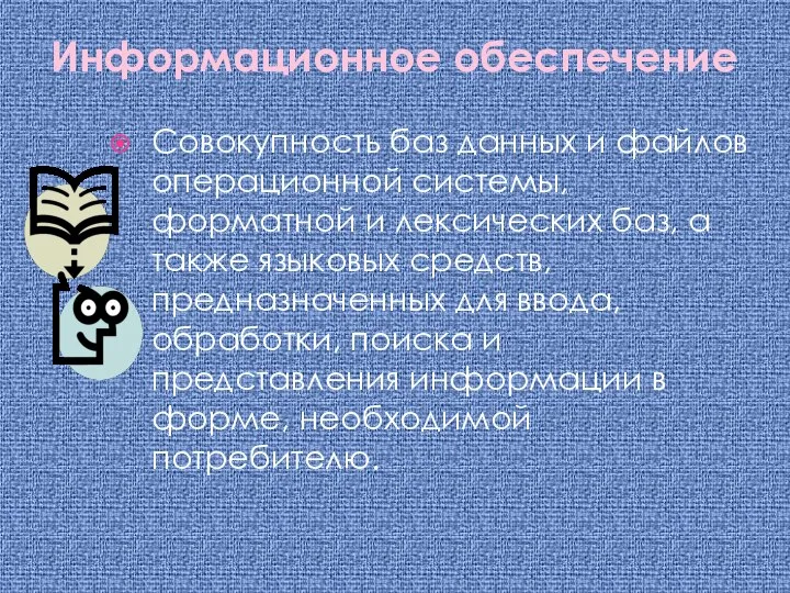 Информационное обеспечение Совокупность баз данных и файлов операционной системы, форматной и лексических