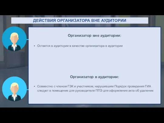 Организатор вне аудитории: Остается в аудитории в качестве организатора в аудитории Организатор