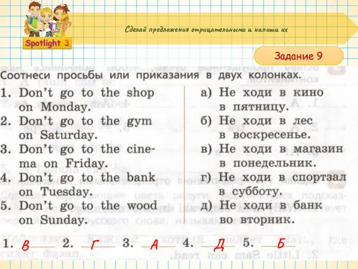 Сделай предложения отрицательными и напиши их Задание 9 В Г А Д Б