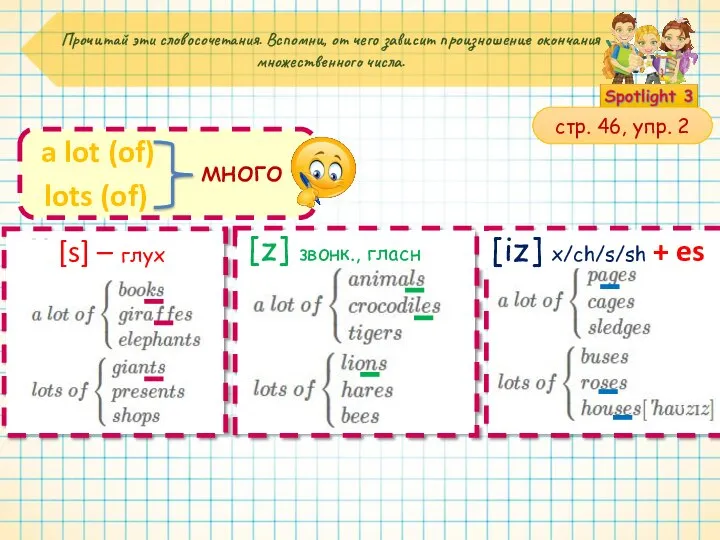 Прочитай эти словосочетания. Вспомни, от чего зависит произношение окончания множественного числа. lots