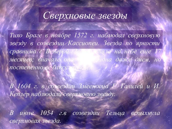 Тихо Браге в ноябре 1572 г. наблюдал сверхновую звезду в созвездии Кассиопеи.
