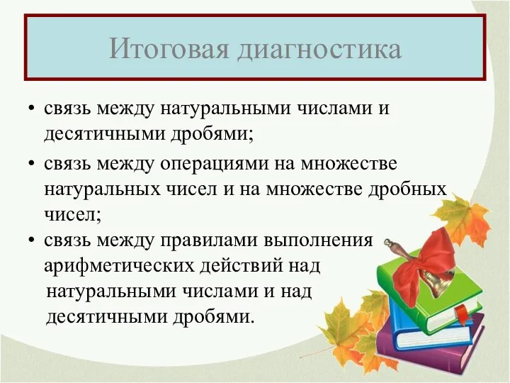 Итоговая диагностика связь между натуральными числами и десятичными дробями; связь между операциями