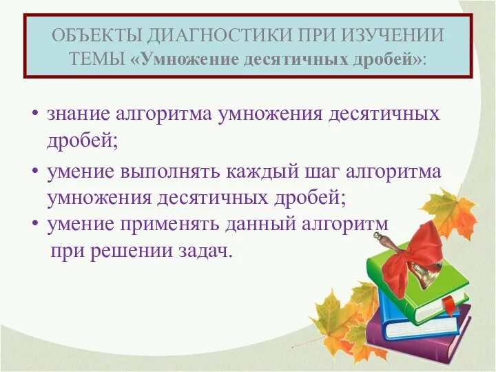 ОБЪЕКТЫ ДИАГНОСТИКИ ПРИ ИЗУЧЕНИИ ТЕМЫ «Умножение десятичных дробей»: знание алгоритма умножения десятичных