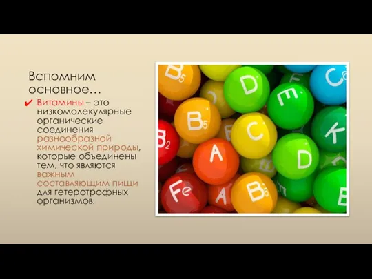 Вспомним основное… Витамины – это низкомолекулярные органические соединения разнообразной химической природы, которые