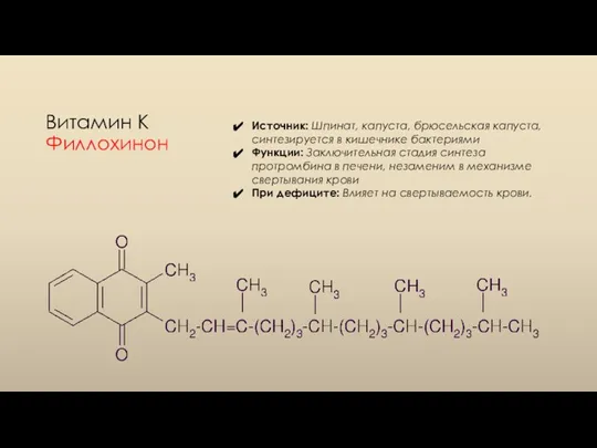 Витамин К Филлохинон Источник: Шпинат, капуста, брюсельская капуста, синтезируется в кишечнике бактериями
