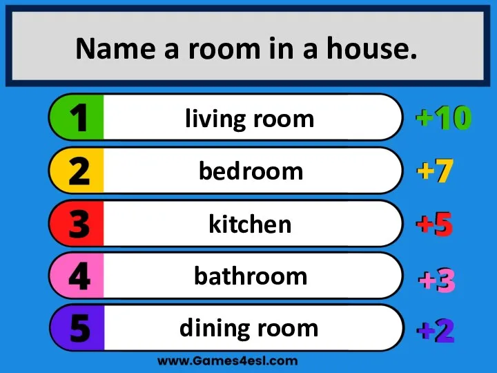 Name a room in a house. dining room bathroom kitchen bedroom living room