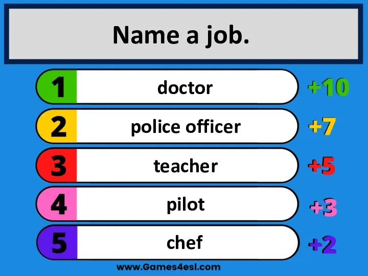 Name a job. chef pilot teacher police officer doctor