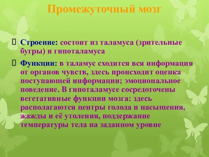 Промежуточный мозг Строение: состоит из таламуса (зрительные бугры) и гипоталамуса Функции: в