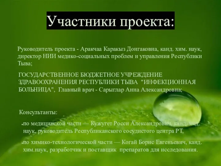 Участники проекта: Руководитель проекта - Аракчаа Каракыз Донгаковна, канд. хим. наук, директор