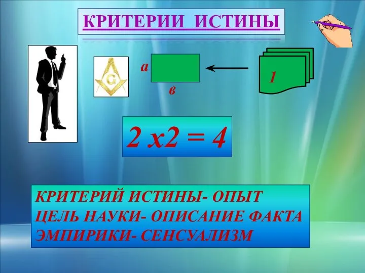 КРИТЕРИИ ИСТИНЫ 2 х2 = 4 КРИТЕРИЙ ИСТИНЫ- ОПЫТ ЦЕЛЬ НАУКИ- ОПИСАНИЕ