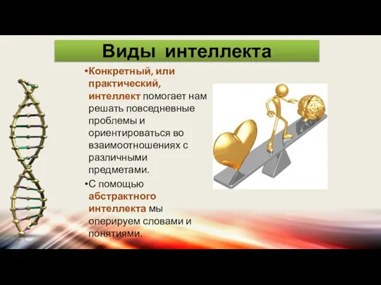 Виды интеллекта Конкретный, или практический, интеллект помогает нам решать повседневные проблемы и