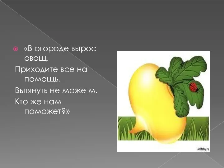 «В огороде вырос овощ, Приходите все на помощь. Вытянуть не може м. Кто же нам поможет?»