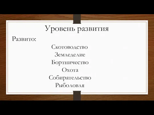 Уровень развития Развито: Скотоводство Земледелие Бортничество Охота Собирательство Рыболовля