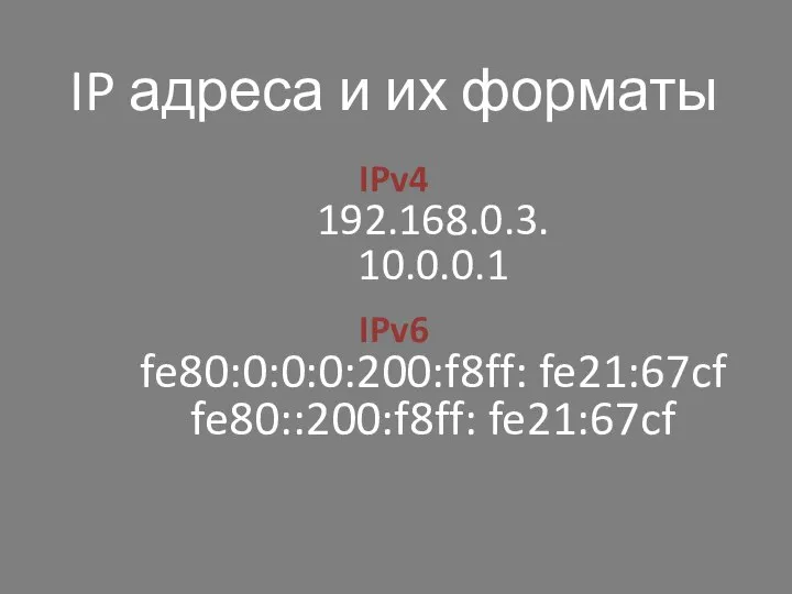 IP адреса и их форматы IPv4 192.168.0.3. 10.0.0.1 IPv6 fe80:0:0:0:200:f8ff: fe21:67cf fe80::200:f8ff: fe21:67cf