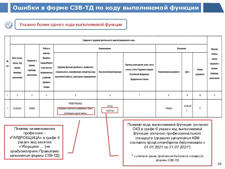 Ошибки в форме СЗВ-ТД по коду выполняемой функции Указано более одного кода