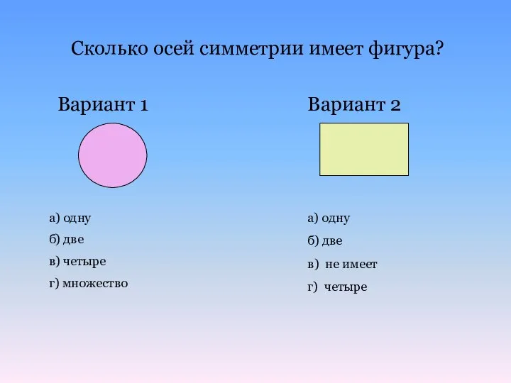 Сколько осей симметрии имеет фигура? Вариант 1 Вариант 2 а) одну б)