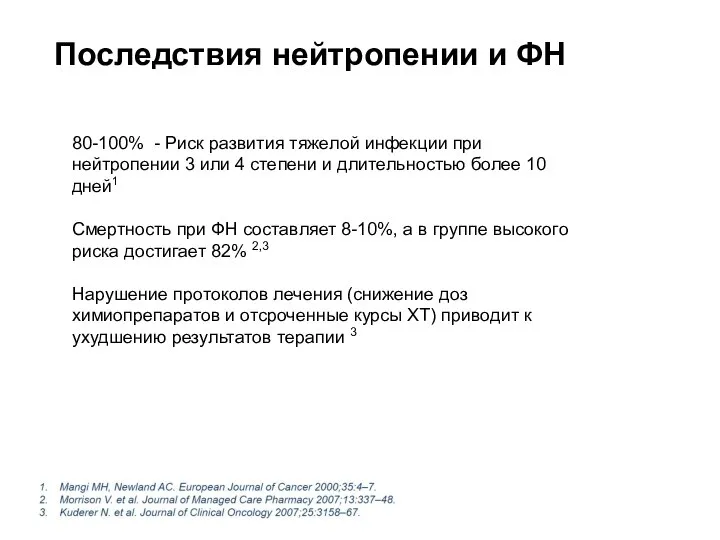 80-100% - Риск развития тяжелой инфекции при нейтропении 3 или 4 степени