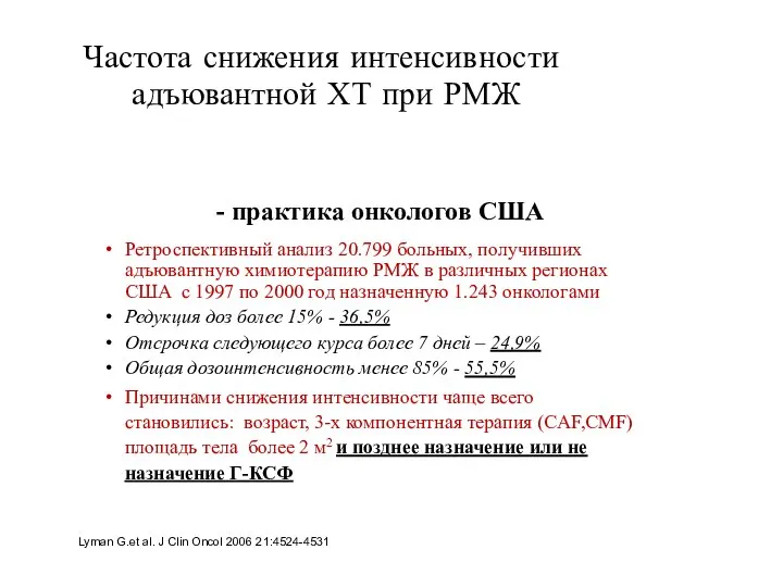 Частота снижения интенсивности адъювантной ХТ при РМЖ - практика онкологов США Ретроспективный