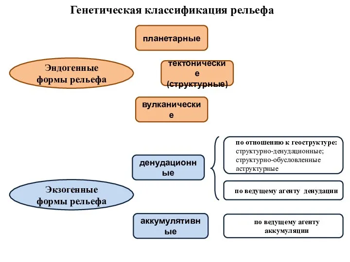 Генетическая классификация рельефа Эндогенные формы рельефа Экзогенные формы рельефа планетарные тектонические (структурные)