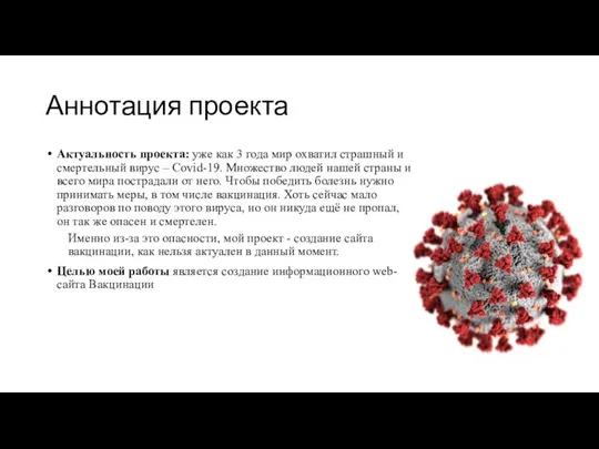 Аннотация проекта Актуальность проекта: уже как 3 года мир охватил страшный и