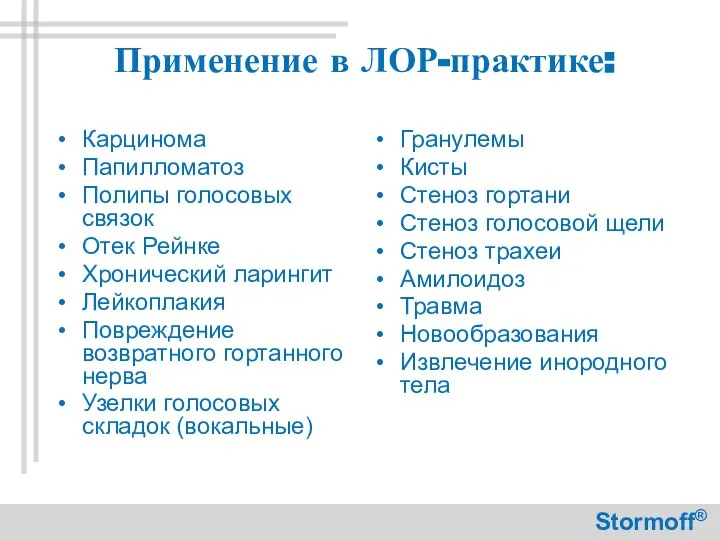 Применение в ЛОР-практике: Карцинома Папилломатоз Полипы голосовых связок Отек Рейнке Хронический ларингит