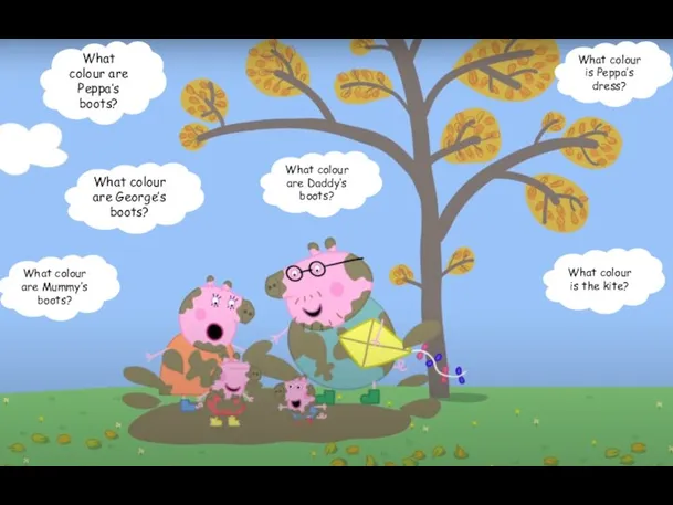 What colour are Peppa’s boots? What colour are George’s boots? What colour