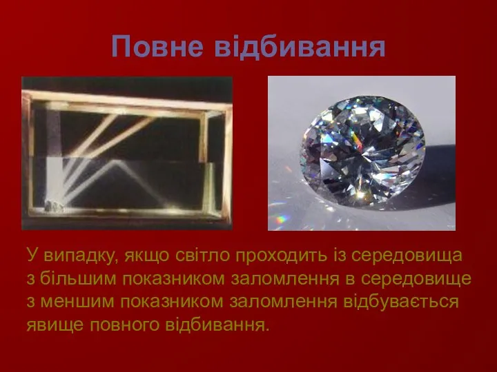 Повне відбивання У випадку, якщо світло проходить із середовища з більшим показником