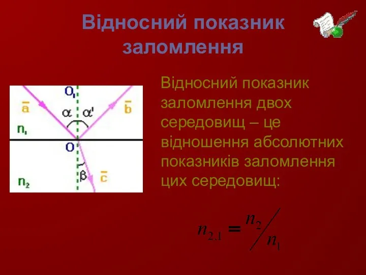 Відносний показник заломлення Відносний показник заломлення двох середовищ – це відношення абсолютних показників заломлення цих середовищ: