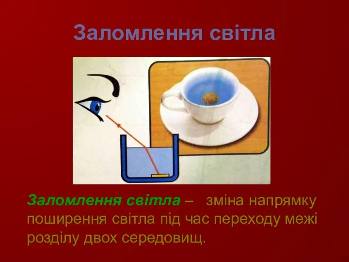 Заломлення світла Заломлення світла – зміна напрямку поширення світла під час переходу межі розділу двох середовищ.