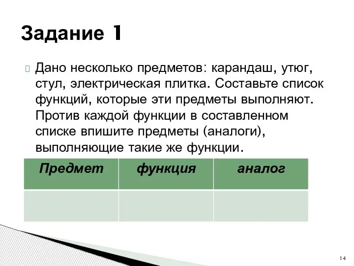 Дано несколько предметов: карандаш, утюг, стул, электрическая плитка. Составьте список функций, которые