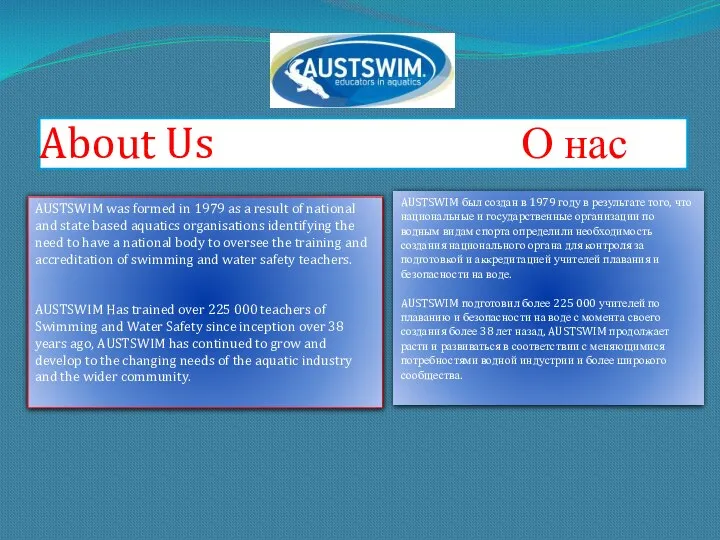 About Us О нас AUSTSWIM was formed in 1979 as a result