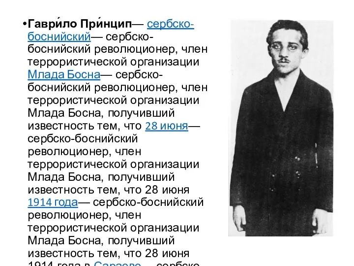 Гаври́ло При́нцип— сербско-боснийский— сербско-боснийский революционер, член террористической организации Млада Босна— сербско-боснийский революционер,