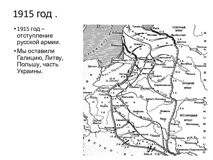 1915 год . 1915 год – отступление русской армии. Мы оставили Галицию, Литву, Польшу, часть Украины.