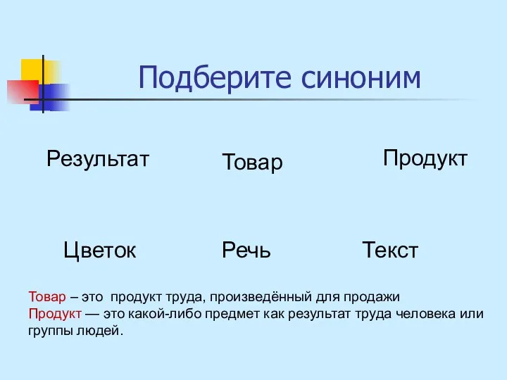 Подберите синоним Результат Продукт Товар Цветок Речь Текст Товар – это продукт