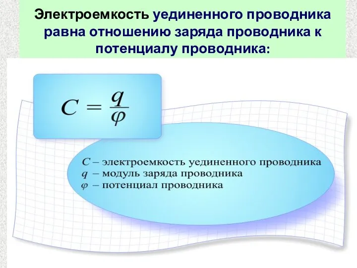 Электроемкость уединенного проводника равна отношению заряда проводника к потенциалу проводника: