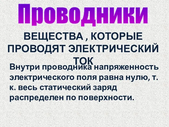 Проводники ВЕЩЕСТВА , КОТОРЫЕ ПРОВОДЯТ ЭЛЕКТРИЧЕСКИЙ ТОК Внутри проводника напряженность электрического поля