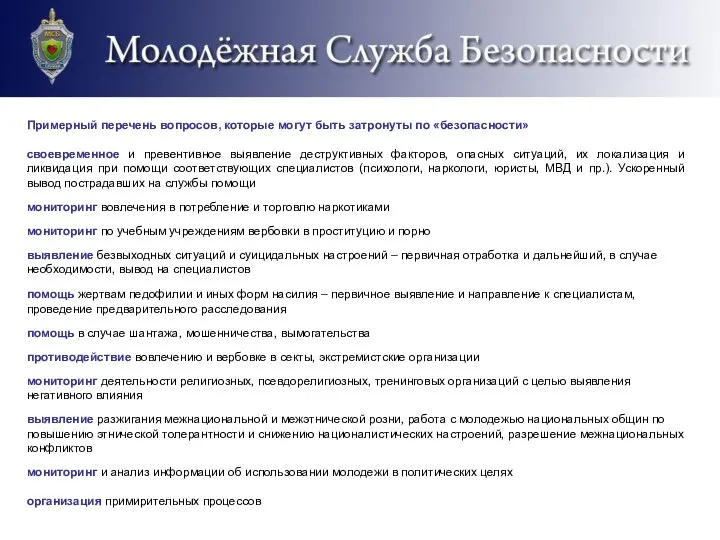 Примерный перечень вопросов, которые могут быть затронуты по «безопасности» своевременное и превентивное