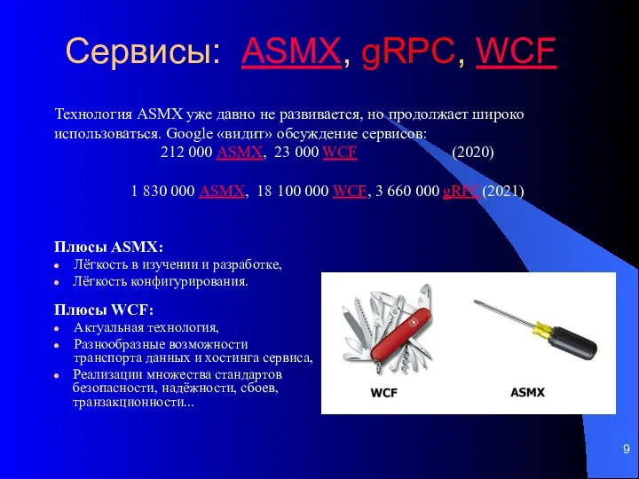 Сервисы: ASMX, gRPC, WCF Технология ASMX уже давно не развивается, но продолжает