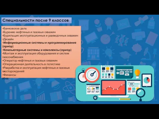 Специальности после 9 классов: ▪Банковское дело ▪Бурение нефтяных и газовых скважин ▪Бурильщик