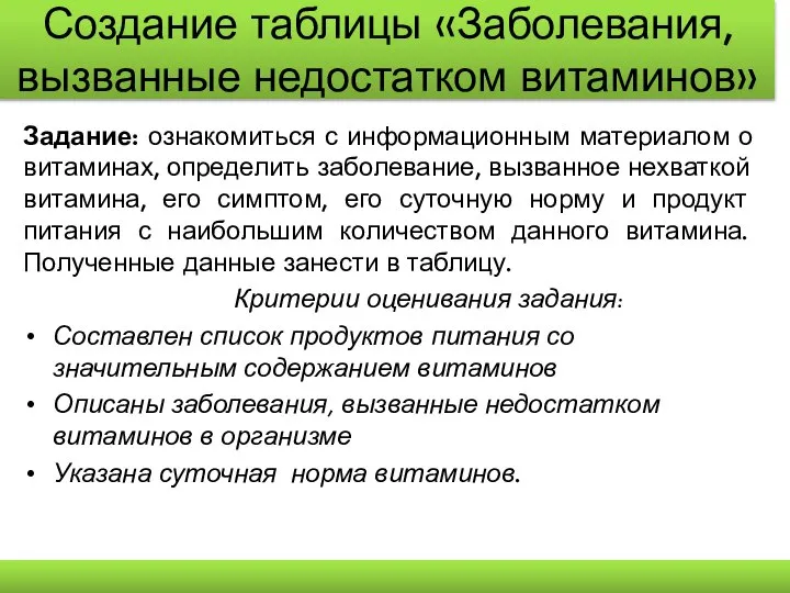 Создание таблицы «Заболевания, вызванные недостатком витаминов» Задание: ознакомиться с информационным материалом о