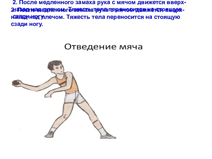 2. После медленного замаха рука с мячом движется вверх- назад над плечом.