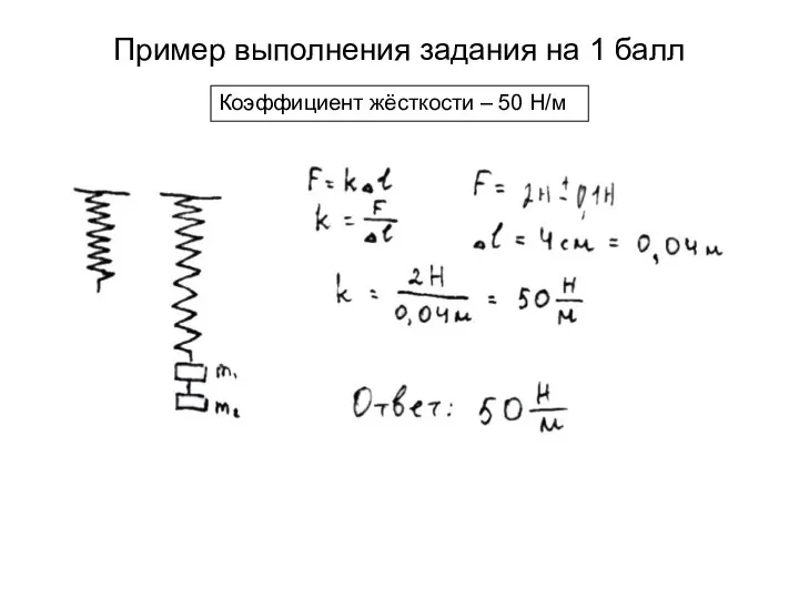 Пример выполнения задания на 1 балл Коэффициент жёсткости – 50 Н/м