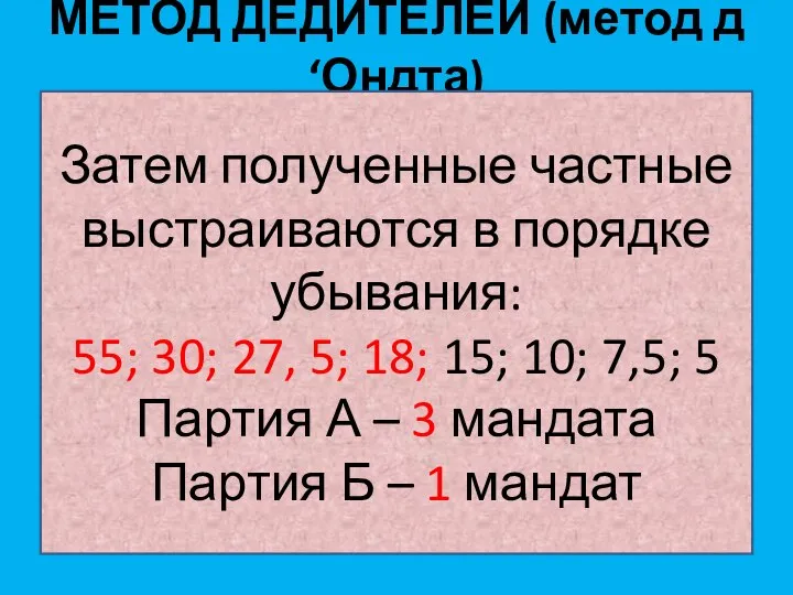 МЕТОД ДЕДИТЕЛЕЙ (метод д‘Ондта) Затем полученные частные выстраиваются в порядке убывания: 55;