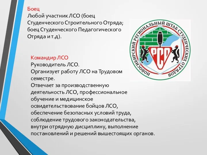 Командир ЛСО Руководитель ЛСО. Организует работу ЛСО на Трудовом семестре. Отвечает за